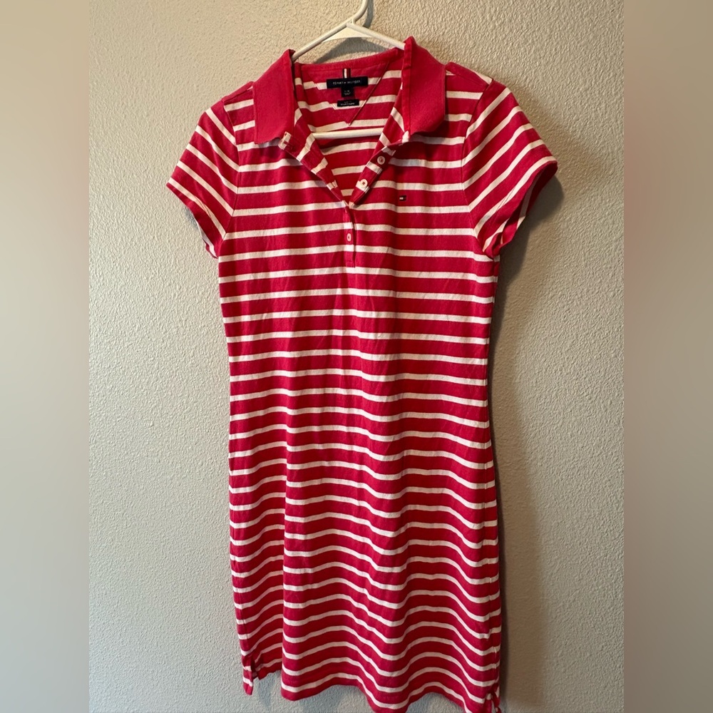 Vintage Tommy Hilfiger Pink and White Striped Polo - Picture 1 of 3